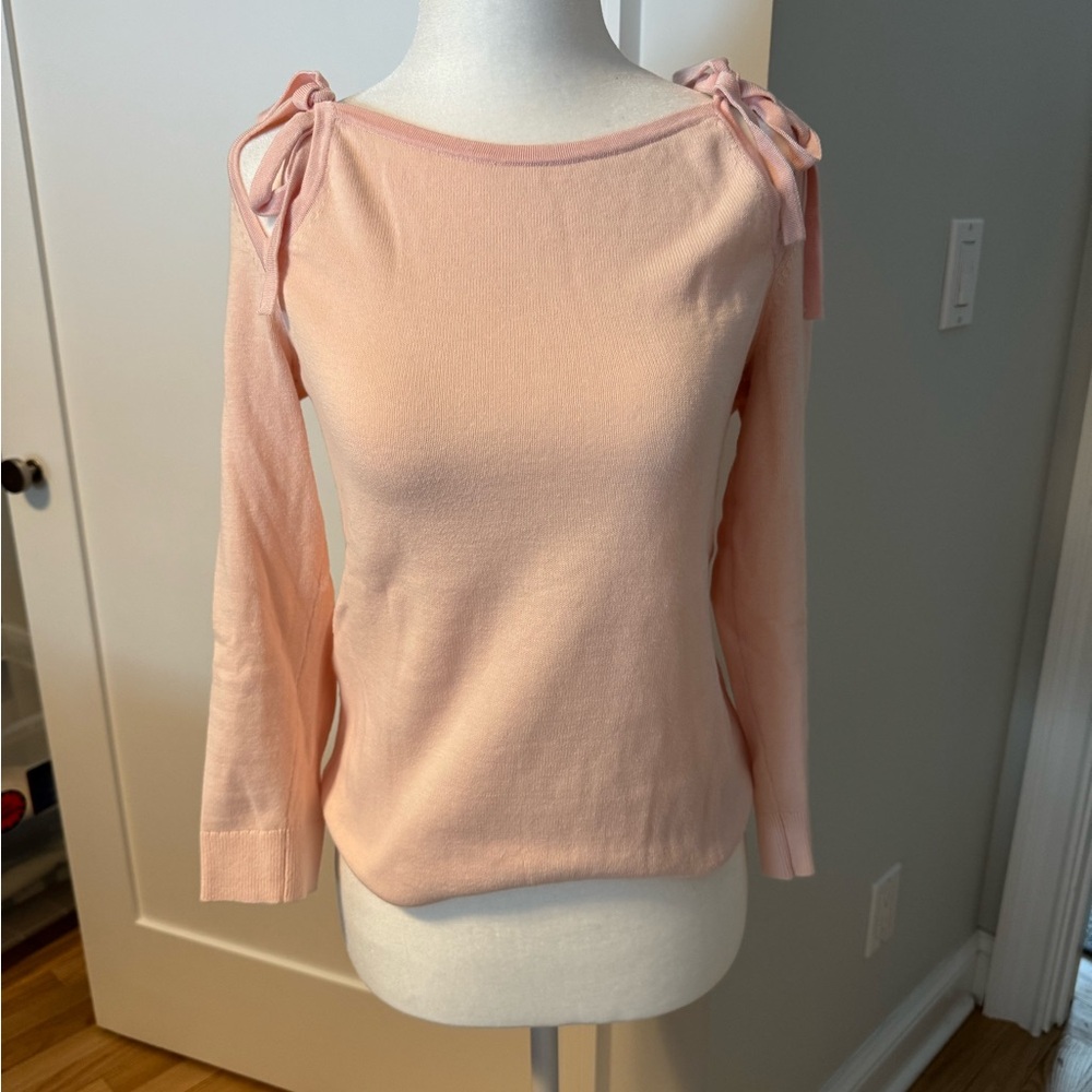 Anthropologie Pink Crew Neck Sweater with Shoulder Ties